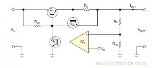 圖1：一個標準的線性穩(wěn)壓器直接將反饋連接到串聯(lián)導通晶體管上。