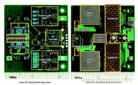 圖6：采用eGaN FET設計的48V至53V半磚PSE轉(zhuǎn)換器的頂視圖和底視圖(單位為英寸)。