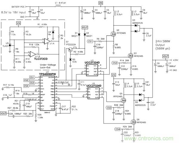 TPS40090 多相降壓控制器的 4 相、300W 升壓電源