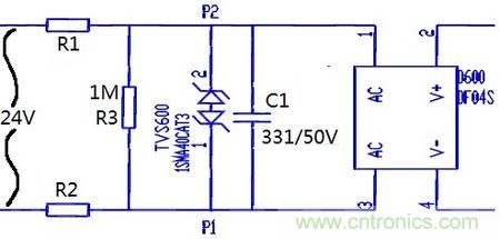 案例1：輸入端24V波動(dòng)，R1和R2常被燒壞。
