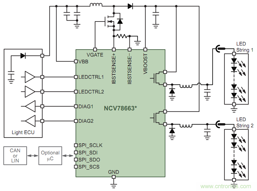 安森美半導(dǎo)體單芯片智能前照燈LED驅(qū)動器NCV78663應(yīng)用電路圖