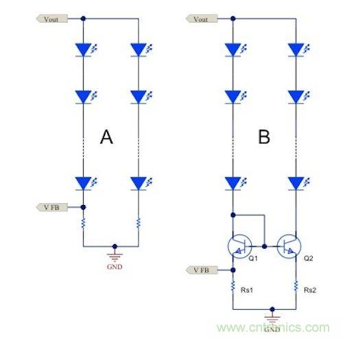 電流鏡 (B) 可針對簡單電阻器電流調(diào)節(jié) (A) 提供各種優(yōu)勢。