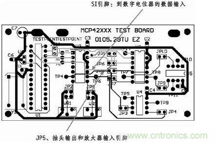 這是對(duì)圖2所示電路的第一次布線嘗試。此配置在模擬線路上產(chǎn)生不規(guī)律的噪聲，這是因?yàn)樵谔囟〝?shù)字走線上的數(shù)據(jù)輸入碼隨著數(shù)字電位器的編程需求而改變。