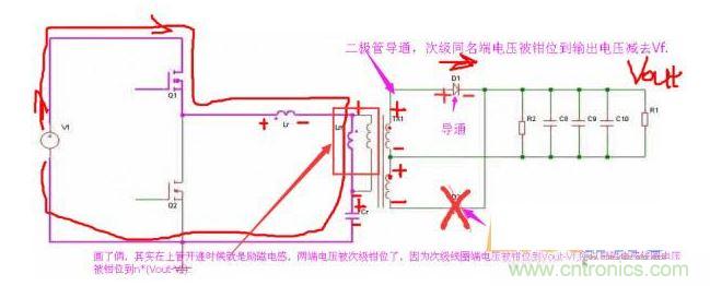 上管開(kāi)通，注意諧振電感、勵(lì)磁電感、諧振電容的正負(fù)