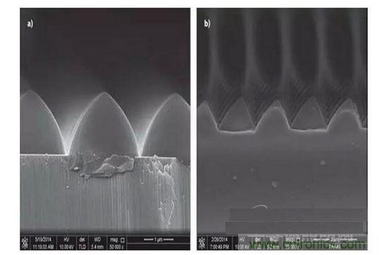 圖案化藍寶石基板通過光致抗蝕劑掩膜在電感耦合等離子體干法反應(yīng)性腐蝕保持良好剛性結(jié)構(gòu)（如圖a）,然而，如果光致抗蝕劑掩膜的剛性結(jié)構(gòu)在抗蝕過程中沒有得到保持，那么結(jié)果會很差（如圖b）