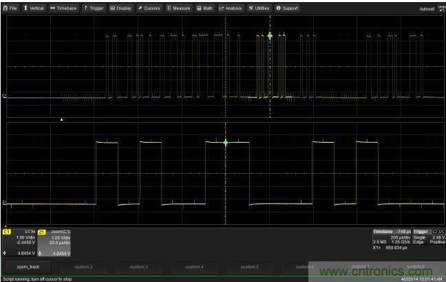 使用CustomDSO運行VB腳本“zoom_Track.lss”。當腳本運行時，縮放波形的中心將跟蹤水平的光標絕對位置。從圖中可以看出，光標將永遠位于縮放波形Z1的中心