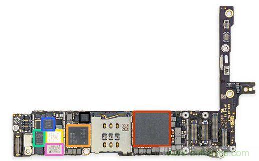 iPhone 6 Plus主板采用1GB RAM的蘋果A8 SoC作為核心部件。（來源：iFixit）