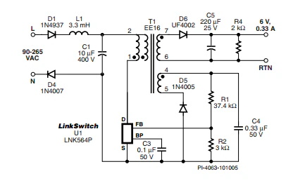 LinkSwitch-LP 系列旨在取代手機(jī)/無繩電話、PDA、數(shù)碼相機(jī)和便攜式音頻播放器等應(yīng)用中輸出功率 < 2.5 W 的低效線頻線性變壓器電源。LinkSwitch-LP 還可用作白色家電等應(yīng)用中的輔助電源。  LinkSwitch-LP 將高壓功率 MOSFET 開關(guān)與 ON/OFF 控制器集成在一個設(shè)備中。它完全由漏極引腳自供電，具有低 EMI 的抖動開關(guān)頻率，并且具有全面的故障保護(hù)。自動重啟可限制過載和輸出短路條件下的器件和電路耗散，而遲滯過溫保護(hù)會在熱故障期間禁用內(nèi)部 MOSFET。EcoSmart 技術(shù)使設(shè)計能夠輕松實現(xiàn) < 150 mW 的空載功耗，滿足能源效率要求。  LinkSwitch-LP 的設(shè)計目的是在輸出功率低于 2.5 W 時無需初級側(cè)鉗位電路，從而顯著減少組件數(shù)量和總系統(tǒng)成本。圖 1 顯示了基于 LinkSwitch-LP 的 2 W 電源，不帶初級側(cè)鉗位。LinkSwitch-LP 系列經(jīng)過優(yōu)化，當(dāng)變壓器上的輔助或偏置繞組提供反饋時，可提供近似的 CV/CC 輸出特性。這非常適合取代工頻變壓器的應(yīng)用，提供兼容的輸出特性，但過載、短路電流和輸入線電壓變化較小。  　  在無鉗位設(shè)計中使用 LinkSwitch-LP 的基本電路原理圖。  快速開始  　 LinkSwitch-LP 反激式設(shè)計流程圖